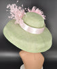 Sinamay Dome Hat: Green & Pink Feather Kentucky Derby Tea Party Hat