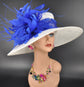 Church Kentucky Derby Hat Carriage Tea Party Wedding Wide Brim  Royal Ascot Horse Race Oaks day hat White with Royal Blue