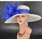Church Kentucky Derby Hat Carriage Tea Party Wedding Wide Brim  Royal Ascot Horse Race Oaks day hat White with Royal Blue
