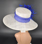 Church Kentucky Derby Hat Carriage Tea Party Wedding Wide Brim  Royal Ascot Horse Race Oaks day hat White with Royal Blue