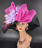 Black Sinamay Kentucky Derby Hat: Fuchsia Pink Feather Flower Wide Brim