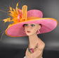 Hot Pink w Orange Feather Flower  Kentucky Derby Hat, Tea Party, Carriage Party, Easter Day Hat, Wide brim Sinamay Hat