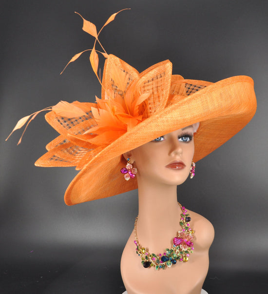 Orange Sinamay Derby Hat: Wide Brim Feathered Ascot Hat