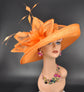 Orange Sinamay Derby Hat: Wide Brim Feathered Ascot Hat