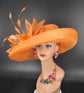 Orange Sinamay Derby Hat: Wide Brim Feathered Ascot Hat