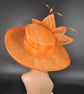 Orange Sinamay Derby Hat: Wide Brim Feathered Ascot Hat