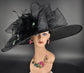 Black Sinamay Derby Hat: Feather Flower, Wide Brim Race Day Hat