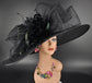 Black Sinamay Derby Hat: Feather Flower, Wide Brim Race Day Hat
