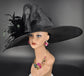 Black Sinamay Derby Hat: Feather Flower, Wide Brim Race Day Hat