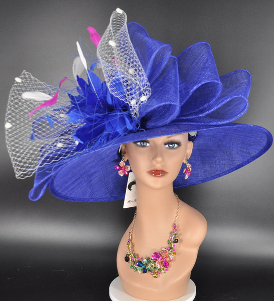 Royal Blue Sinamay Derby Hat: Jumbo Bow & Ivory Netting