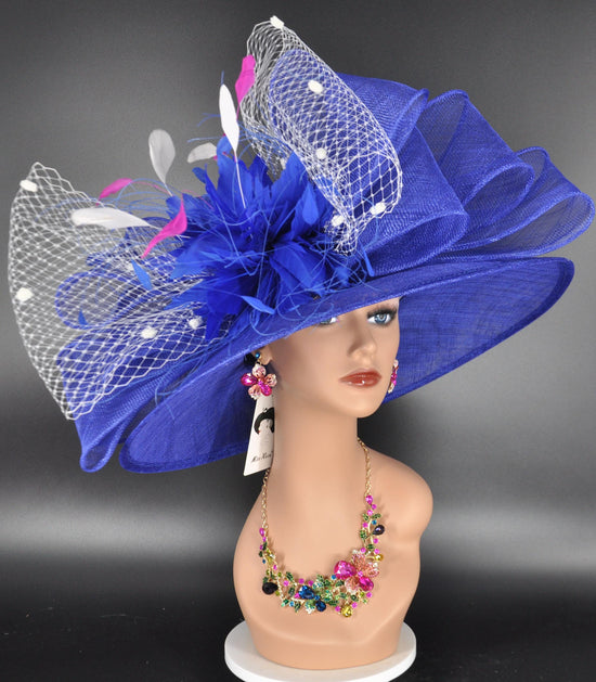 Royal Blue Sinamay Kentucky Derby Hat: Jumbo Bow & Ivory Netting