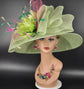 Green Sinamay Kentucky Derby Hat: Jumbo Bows, Flowers, Pink Netting