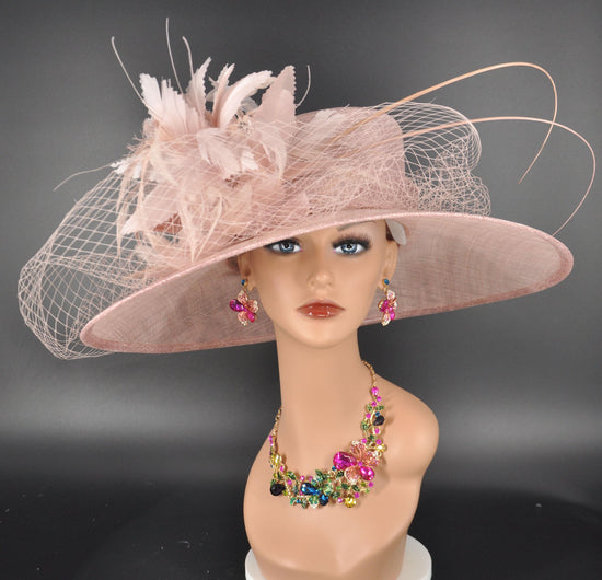 Blush Pink Sinamay Derby Hat: Feather Flower Royal Ascot Hat