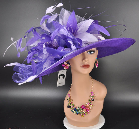 Purple Sinamay Kentucky Derby Hat: Wide Brim Feathered Wedding Hat