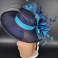 Church Kentucky Derby Hat Carriage Tea Party Wedding Wide Brim Sinamay Hat Navy Blue Teal Blue