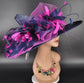 Church Kentucky Derby Hat Carriage Tea Party Wedding Wide Brim Sinamay Hat Navy Blue Fuchsia  Pink
