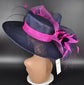 Church Kentucky Derby Hat Carriage Tea Party Wedding Wide Brim Sinamay Hat Navy Blue Fuchsia  Pink
