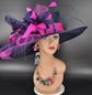 Church Kentucky Derby Hat Carriage Tea Party Wedding Wide Brim Sinamay Hat Navy Blue Fuchsia  Pink
