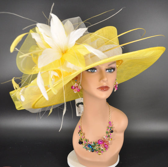 Yellow Sinamay Kentucky Derby Hat: Wide Brim Feather Church Hat