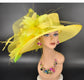 Yellow Sinamay Kentucky Derby Hat: Wide Brim Feathered Church Hat