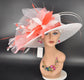Wide Brim Sinamay Kentucky Derby Hat: White & Coral Feather Church Hat