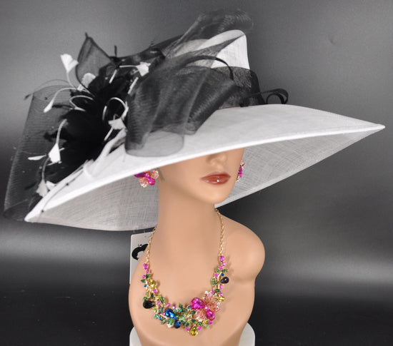 Church Kentucky Derby Hat Carriage Tea Party Wedding Wide Brim Sinamay Hat White with Black