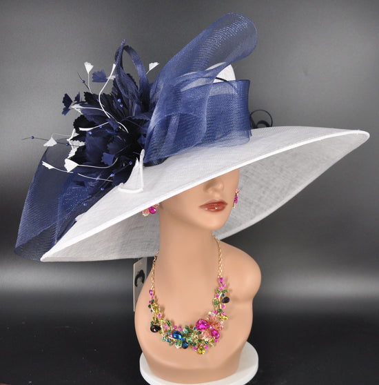 White Sinamay Derby Hat: Navy Blue Floral Wide Brim