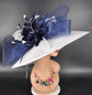 White Sinamay Kentucky Derby Hat: Navy Blue Floral Wide Brim