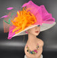 Off White Sinamay Kentucky Derby Hat: Orange & Fuchsia Pink Flower Bow