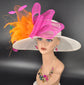 Off White Sinamay Kentucky Derby Hat: Orange & Fuchsia Pink Flower Bow