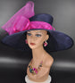 Church Kentucky Derby Hat Carriage Tea Party Wedding Wide Brim Sinamay Hat Navy Blue w fuchsia Pink