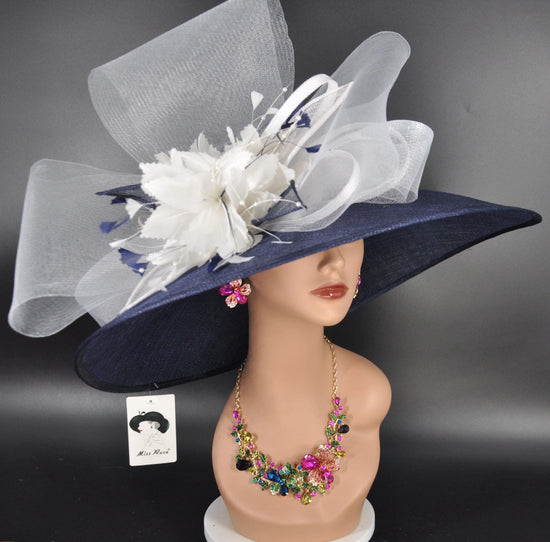 Navy Blue Kentucky Derby Hat: Wide Brim Sinamay, White Floral Feather Accent