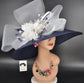 Navy Blue Kentucky Derby Hat: Wide Brim Sinamay, White Floral Feather Accent