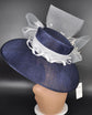 Navy Blue Kentucky Derby Hat: Wide Brim Sinamay, White Floral Feather Accent