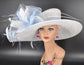 White Sinamay Kentucky Derby Hat: Powder Blue Feather Floral Wide Brim
