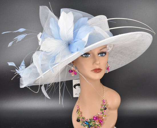 White Sinamay Kentucky Derby Hat: Powder Blue Feather Floral Wide Brim
