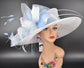 White Sinamay Kentucky Derby Hat: Powder Blue Feather Floral Wide Brim