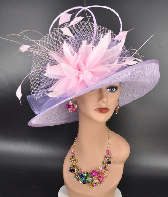 Church Kentucky Derby Hat  Carriage Tea Party Wedding  Feather Flowers and Ostrich  Quills Lilac with Pink