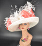 Ivory Sinamay Kentucky Derby Hat: Coral Pink Wedding Tea Party Hat