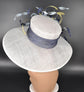 White w Navy Blue Powder Blue Yellow Feather Flowers Kentucky Derby Hat Tea Party Carriage Party  Wide Brim  Sinamay Hat