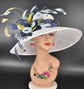 White w Navy Blue Powder Blue Yellow Feather Flowers Kentucky Derby Hat Tea Party Carriage Party  Wide Brim  Sinamay Hat