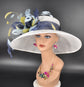 White w Navy Blue Powder Blue Yellow Feather Flowers Kentucky Derby Hat Tea Party Carriage Party  Wide Brim  Sinamay Hat