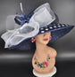 Navy Blue Polka Dot Derby Hat: Wide Brim Sinamay Ascot Hat