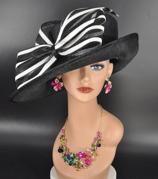 Church Kentucky Derby Hat Carriage Tea Party Wedding Medium Brim Royal Ascot Horse Race Oaks day hat Black w White