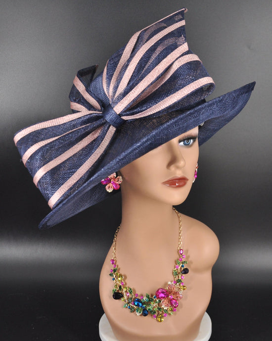 Blue Sinamay Derby Hat, Blush Pink Bow, Tea Party Ascot Hat