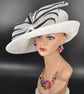 Sinamay Derby Hat: White Ascot Hat with Black Striped Bow
