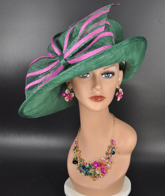 Sinamay Kentucky Derby Hat: Green Fuchsia Pink Bow, Royal Ascot Style