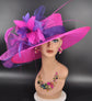 Oaks Day Hat Fuchsia Pink and Purple Feather Hat, Kentucky Derby, Tea Party, Wedding, Church, Royal Ascot Headpiece Wide Brim Sinamay Hat
