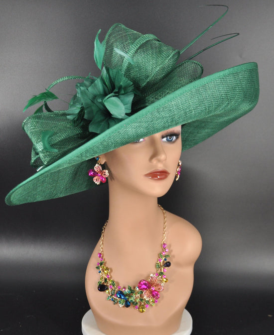 Green Sinamay Kentucky Derby Hat: Wide Brim Feathered Church Hat