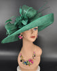 Green Sinamay Kentucky Derby Hat: Wide Brim Feathered Church Hat